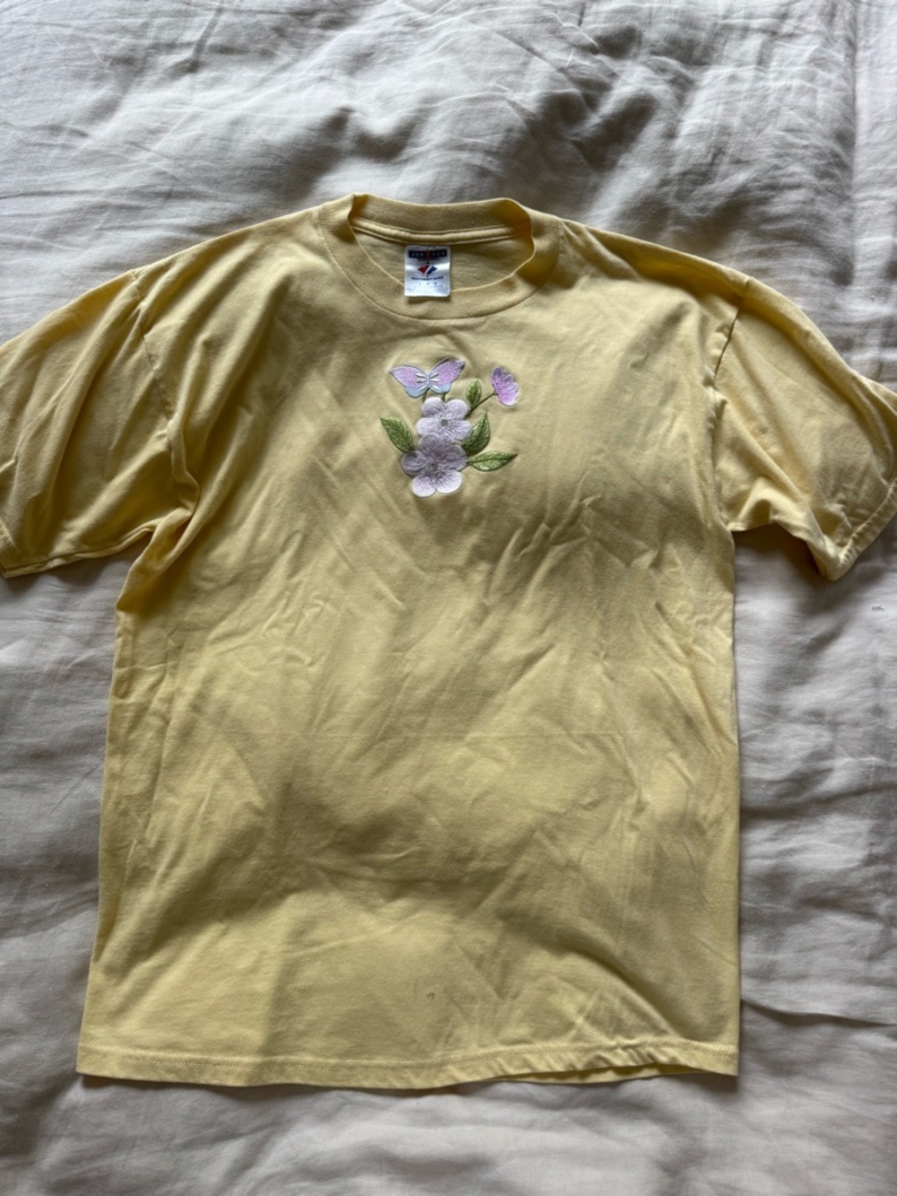 90’s Butter Yellow Vintage Tee with Purple & Green Floral Embroidery